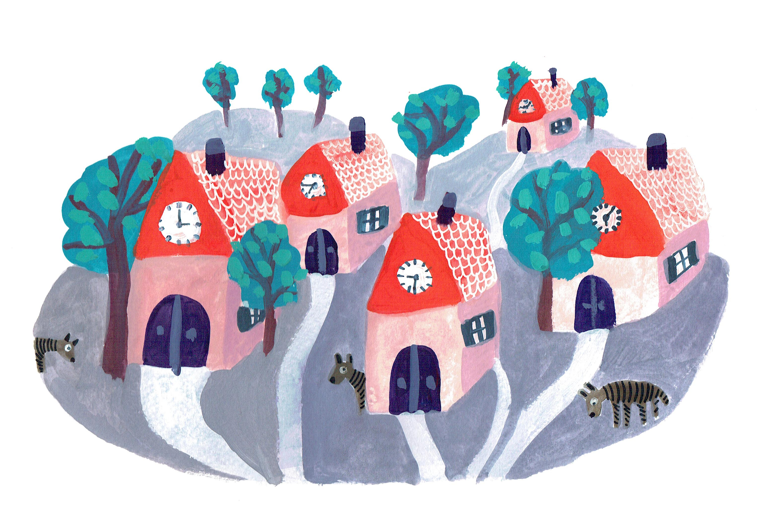 illustration Village de maisons rouges et zèbres dans un univers fantaisiste